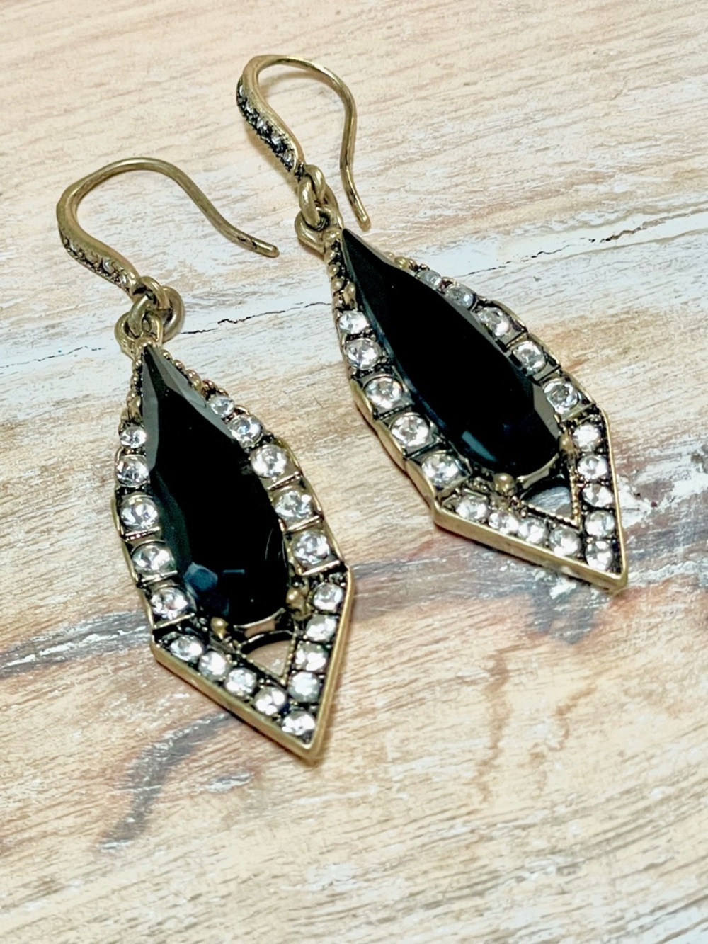 Gold-Tone Black Teardrop Crystal Halo Dangle Earrings